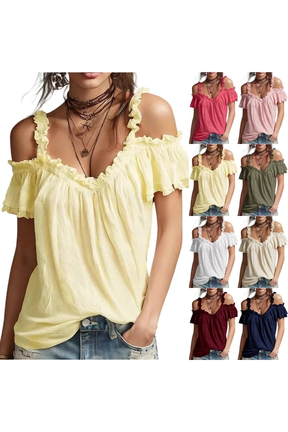 Summer Cold Shoulder Ruffle Strap Tops For Women Lightweight Breathable Casual Off Shoulder Shirts Yellow L