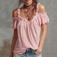 thumbnail image 1 of Summer Cold Shoulder Shirts for Women Boho V-Neck Short Sleeve Top Ruffled Casual Blouse Going Out Outfits for Vacation and Everyday, 1 of 4