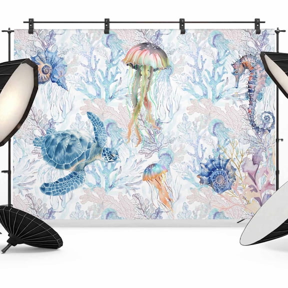 Summer Colorful Backdrop for Photography, Turtle Seashell Seahorse Jellyfish Seaweed Photo Backdrop Portrait Background Party Banner Photo Backgrounds for Studio Booth Props, 12x8ft