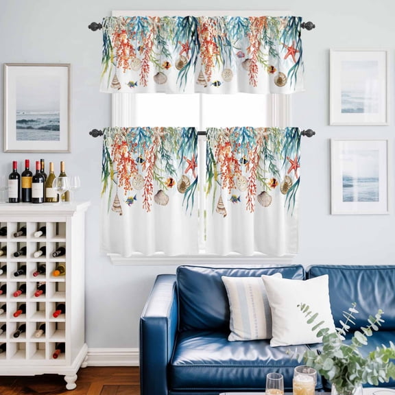 Summer Colorful Coral Shell Conch Curtain Tier and Valance Set 3 Piece, Sea Starfish Fish Marine Life 3-inch Rod Pocket Window Tier Curtains Valance for Kitchen Living Room