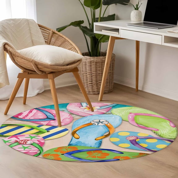 Summer Colorful Flip-flops 3.3ft Round Rug for Bedroom Reading Corner, Beach Sea Shell Pattern Washable Non Slip Circle Area Rug