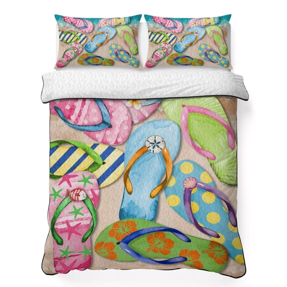Summer Colorful Flip-flops 3 Piece Quilt Bedding Set with 2 Pillow Shams, Beach Sea Shell Pattern Lightweight Bedspread Coverlet, Soft Breathable All Season Quilt, 79 x 90 Inch