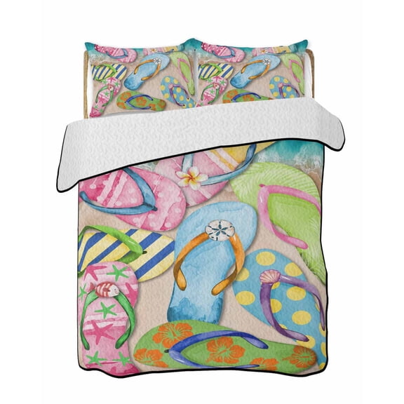 Summer Colorful Flip-flops 3 Pieces Quilt Set, 1 Quilt with 2 Shams, Beach Sea Shell Pattern Bedspread Soft Lightweight Bedding Coverlet Comforter Set for All Season 90"x96"