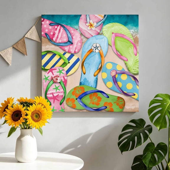 Summer Colorful Flip-flops Canvas Wall Art, Beach Sea Shell Pattern Framed Canvas Wall Decor Picture Print Artwork Decorations for Living Room Office Ready to Hang 8" x 8"