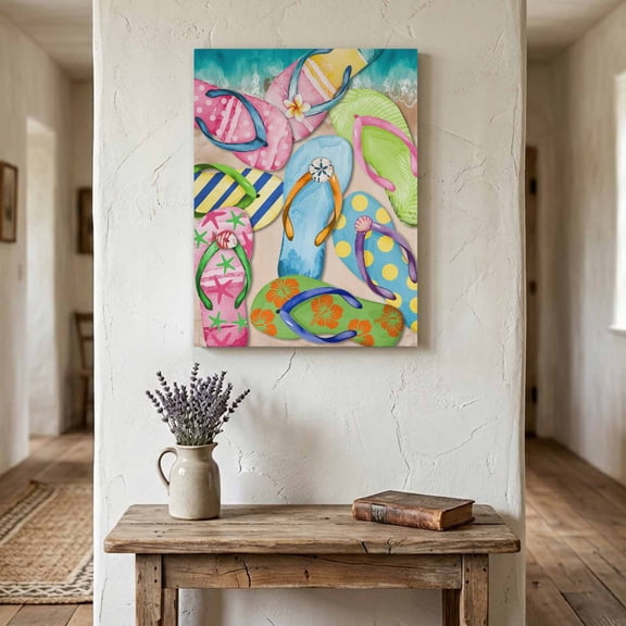 Summer Colorful Flip-flops Canvas Wall Art for Living Room Bedroom Bathroom, Beach Sea Shell Pattern Canvas Art Wall Decor, Artwork for Walls Home Office Decor, 16"x24"