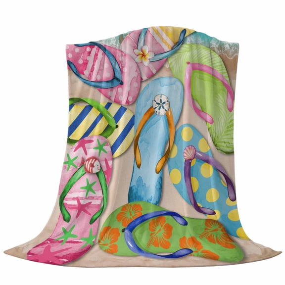 Summer Colorful Flip-flops Throw Flannel Blanket Beach Sea Shell Pattern Super Soft Cozy Bed Blanket, Lightweight Plush Fuzzy Bed Throw for Bedroom Sofa Couch Living Room 50x60In,