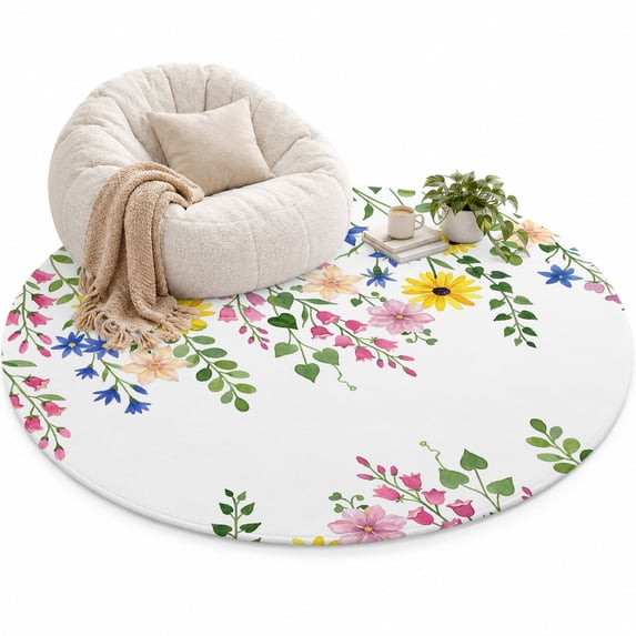 Summer Colorful Flower Area Rug 3', Watercolor Floral Pastoral Style ...