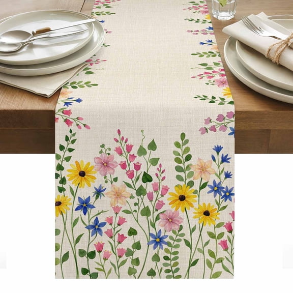 Summer Colorful Flower Cotton Linen Table Runner Watercolor Floral Linen Background Dining Table Runners for Home Decor Party Dining Room Restaurant Kitchen Party 13" x 36"