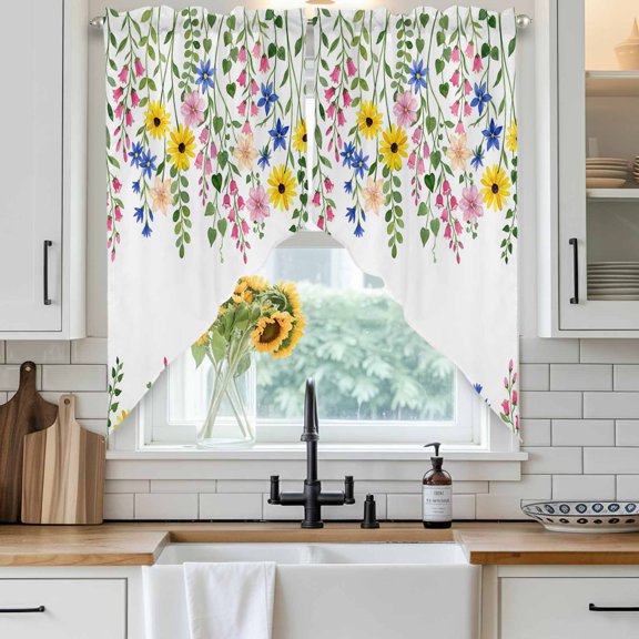 Summer Colorful Flower Swag Curtain Valance for Windows, Watercolor Floral Pastoral Style Window Treatments Short Swag Topper for Kitchen Windows Bathroom Bedroom, 28"x36"