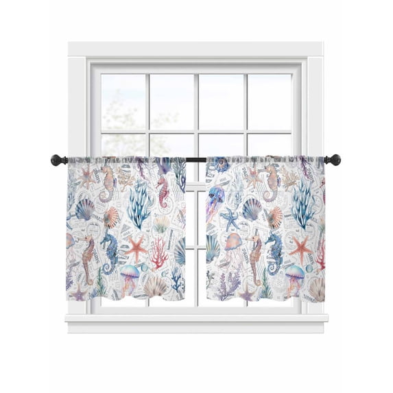 Summer Colorful Sheer Curtains 54 Inch Long 2 Panels, Seashell Starfish Seahorse Coral Light Filtering Rod Pocket Curtains, Sheer Voile Drapes for Living Room Bedroom, 52"x54"