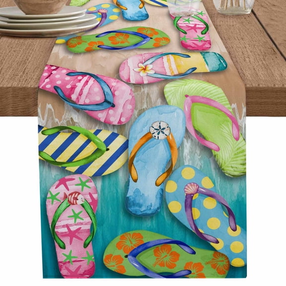 Summer Colorful Slippers Beach Table Runner-36 Inch Long Seaside Starfish Polka Dot Table Runners Linen Burlap Tablerunner for Kitchen Dining Room Holiday Party