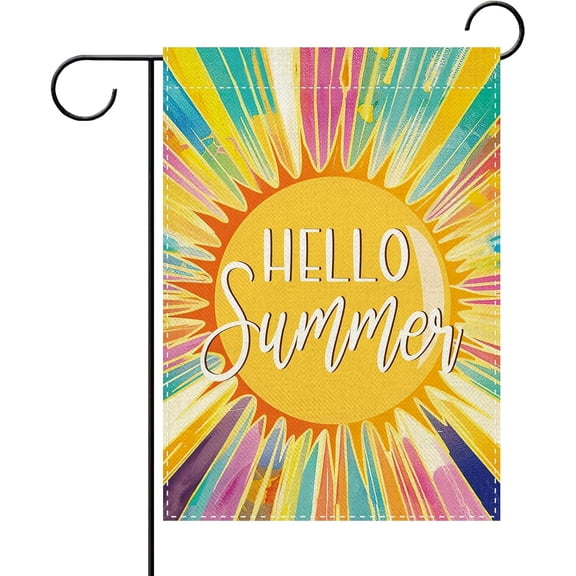 Summer Colorful Sun Decorative Garden Flag, Rainbow Sunshine Burlap Yard Outdoor Home Decor, Double Sided, 12 x 18 Inches