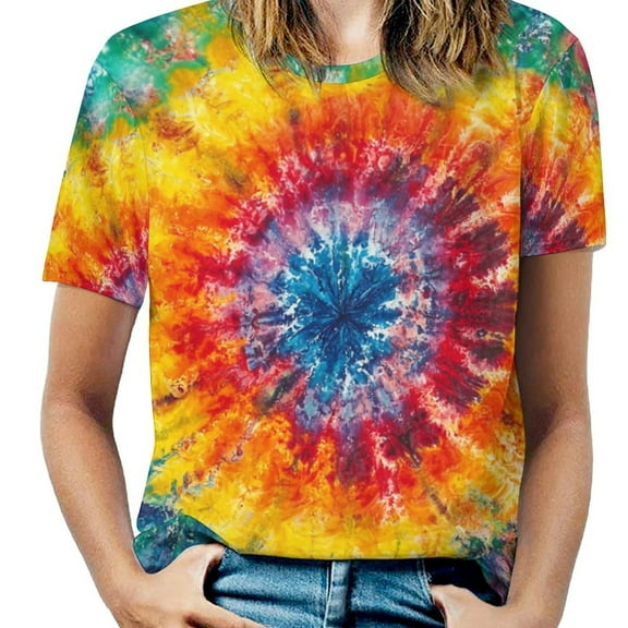 Summer Colorful Tie Dye Vortex Tops for Womens, Casual Vintage Short Sleeve T-Shirt, Loose Round Neck Elastic Tee