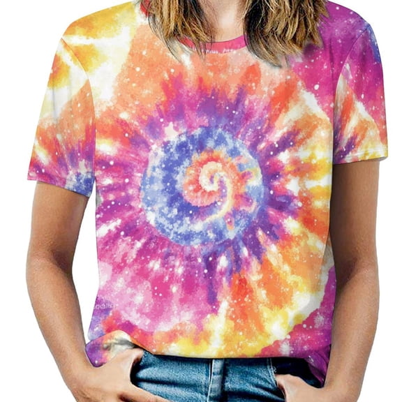 Summer Colorful Tie Dye Vortex Tops for Womens, Casual Vintage Short Sleeve T-Shirt, Loose Round Neck Elastic Tee
