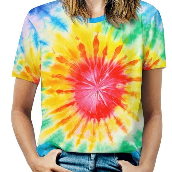 Summer Colorful Tie Dye Vortex Tops for Womens, Casual Vintage Short Sleeve T-Shirt, Loose Round Neck Elastic Tee