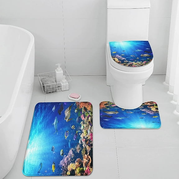 Summer Colorful Undersea Landscape Bathroom Rug Set of 3 Tropical Fish 3 Pieces Bath Mats Set for Bathroom No Silp Washable Cove