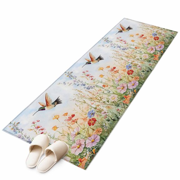 Summer Colorful Wild Flowers Non-Slip Non-Shedding Floor Mat, Country Exquisite Bird Washable Sturdy Carpet for Living Room Bedroom Home Decor