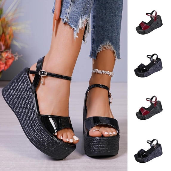 Summer Comfortable Slides Sandals 2026 Women's Fashion Casual Summer Style Solid Color Fish Mouth Thick Bottom Wedge Sandals Black 38