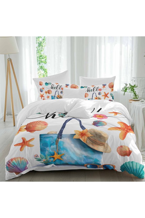 Summer Comforter Set California King Size, Watercolor Beach Bag Seashell Starfish Sunglasses Soft Bedding Set for Man Woman, 4 Pieces Duvet Cover Set with Fitted Sheet, 2 Pillowcases