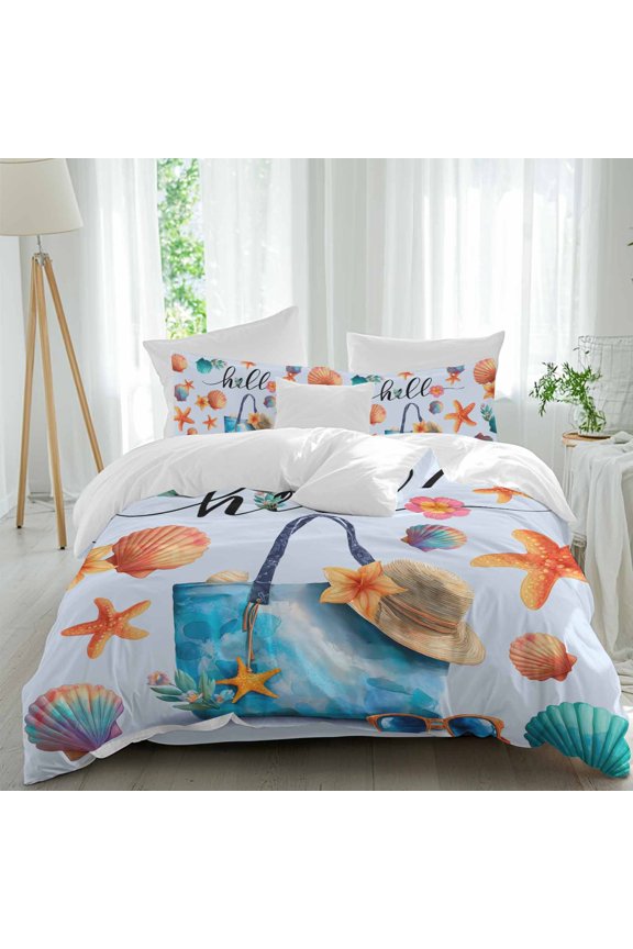 Summer Comforter Set Full Size, Beach Bag Seashell Starfish Sunglasses Blue Soft Bedding Set for Man Woman, 4 Pieces Duvet Cover Set with Fitted Sheet, 2 Pillowcases