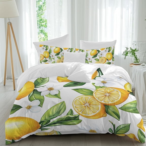 Summer Comforter Set Queen Size, Lemon Jasmine Floral Leaves Watercolor Fruit Soft Bedding Set for Man Woman, 4 Pieces Duvet Cover Set with Fitted Sheet, 2 Pillowcases