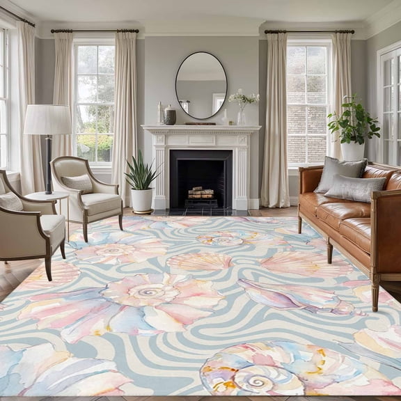 Summer Conch 8'x10' Large Area Rugs Dreamy Art Nautical Coastal Pink Seashells Waves Washable Area Rugs Non-Slip Indoor Floor Mats Large Carpet for Living Room Bedroom Dining Room