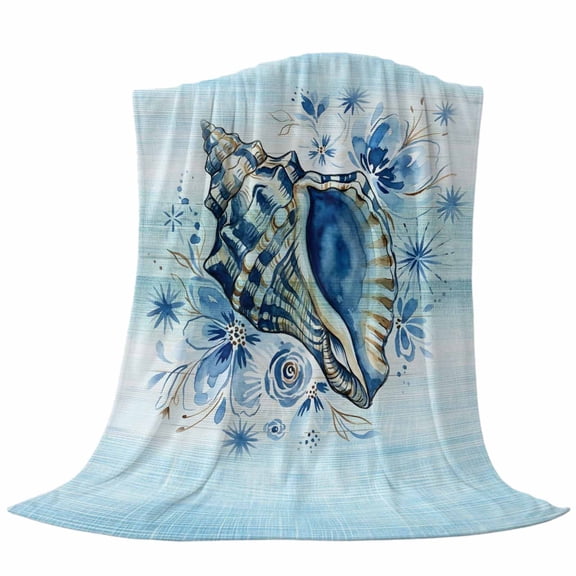 Summer Conch Fleece Throw Blanket Ocean Underwater Shell Flower Teal White Coastal Ultra Soft Fuzzy Cozy Flannel Throw Blanket for Couch Sofa Bed Car Travel, Ideal Gifts 40x50 Inches