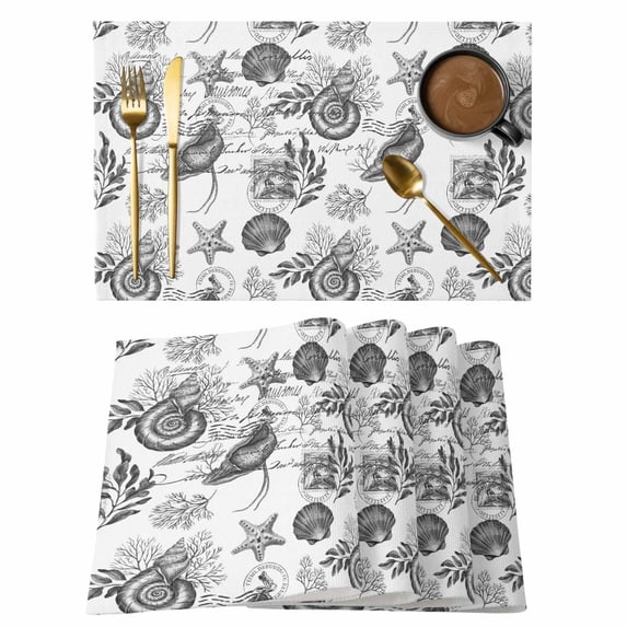 Summer Conch Placemats Set of 4 Retro Black White Shell Starfish Watercolor Heat Insulation Washable Place Mats, Non-Slip Table Mats for Dining Table Party Kitchen Decor,13x19 Inch