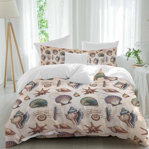 Summer Conch Queen Duvet Cover Set, Retro Shell Starfish Watercolor Beige Texture 4 Piece Microfiber Bedding Set with Zipper Closure, Bed Sheet and 2 Pillow Shams, Soft Bedding Cover