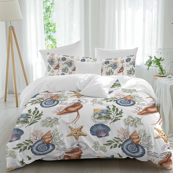 Summer Conch Queen Duvet Cover Set, Retro Text Shell Starfish Watercolor 4 Piece Microfiber Bedding Set with Zipper Closure, Bed Sheet and 2 Pillow Shams, Soft Bedding Cover