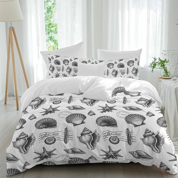 Summer Conch Queen Size Comforter Set, Black White Retro Shell Starfish Watercolor Bedding for All Seasons, 4 Pcs Bed Set, 1Quiltcover (90"x92") ,1Sheet(94"x116"), 2Pillowcases (30"x20")