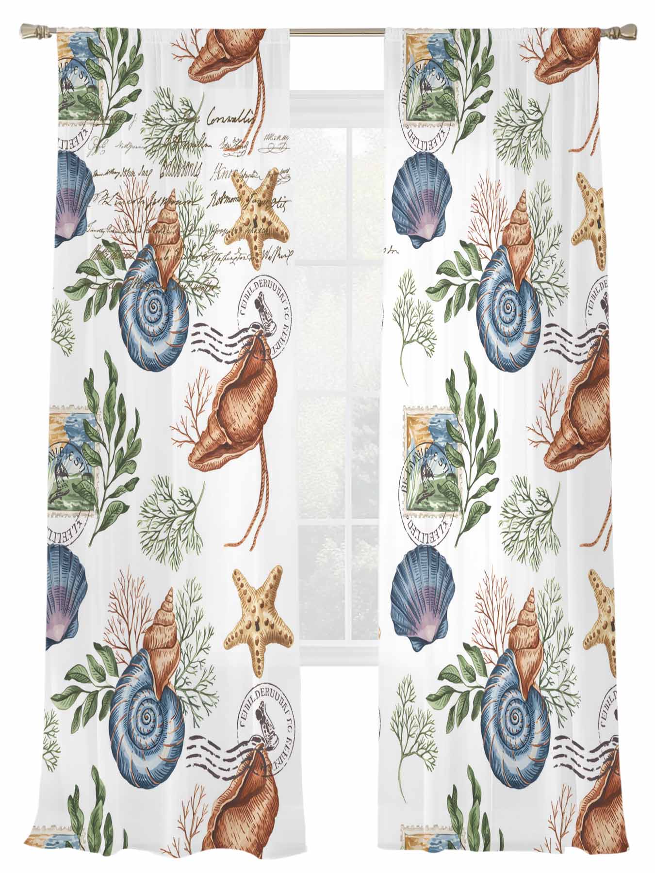 Summer Conch Sheer Curtains 96 Inch Long 2 Panels, Retro Text Shell ...