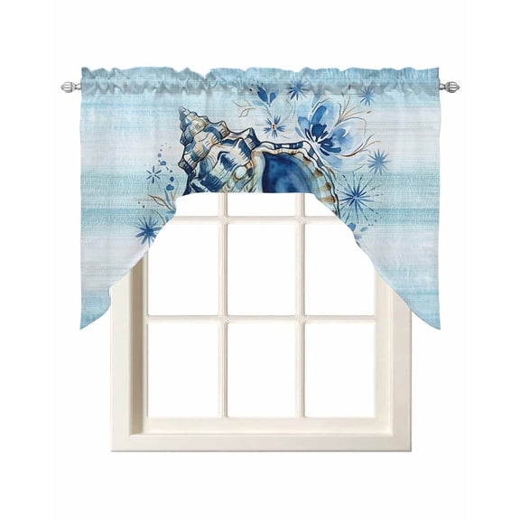 Summer Conch Swag Valance for Window, Ocean Underwater Shell Flower Teal White Coastal Light Filtering Swag Curtain Rod Pocket Kitchen Curtain Valance for Bedroom