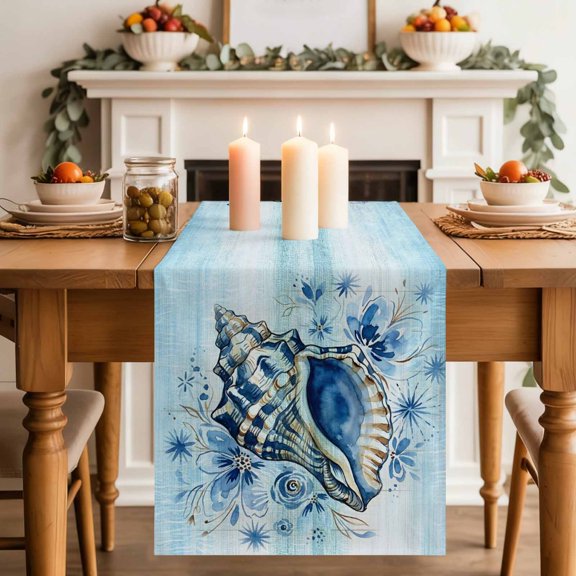 Summer Conch Table Runner, Ocean Underwater Shell Flower Teal White Coastal Cotton Linen Kitchen Table Decoration Washable Dining Tabletop Runners for Home Party Decor 13x36 Inches