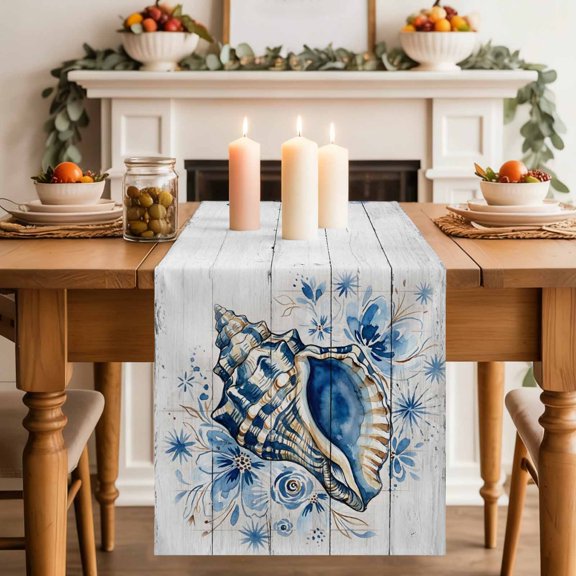 Summer Conch Table Runner, Ocean Underwater Shell Flower Wood Grain Coastal Cotton Linen Kitchen Table Decoration Washable Dining Tabletop Runners for Home Party Decor 13x36 Inches