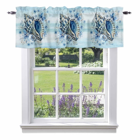Summer Conch Valance Curtain Ocean Underwater Shell Flower Teal White Coastal Window Valances Rod Pocket Short Curtains Window Treatments for Kitchen Bedroom Bathroom Laundry 42" x 12"