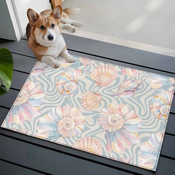 Summer Conch Washable Entry Rug 2x3 Dreamy Art Nautical Coastal Pink Seashells Waves Low Pile Indoor Door Mat with Rubber Backing Thin Area Rug for for Entrance, Bedroom, Kitchen, Laundry, Bathroom