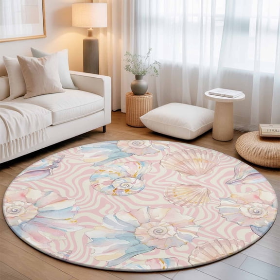 Summer Conch Washable Round Area Rug 3 ft, Dreamy Nautical Coastal Pink Seashells Waves, Soft Non Slip Rugs Stain Repellent Indoor Felt Carpet for Living Dining Room Bedroom Home Office