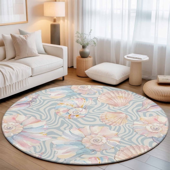 Summer Conch Washable Round Area Rug 5 ft, Dreamy Art Nautical Coastal Pink Seashells Waves, Soft Non Slip Rugs Stain Repellent Indoor Felt Carpet for Living Dining Room Bedroom Home Office