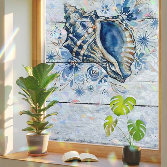 Summer Conch Window Privacy Film, Ocean Underwater Shell Flower Wood Grain Coastal Stained Glass Rainbow Film Decorative Window Clings, Static Cling Sun Blocking Stickers 17.7" x 39.3"