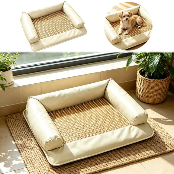 Summer Cooling Pet Bed with Bolster Woven Rattan Cats Dogs Sofa Washable All-Season Pet Mat for Small Medium Furry Friends Indoor Use