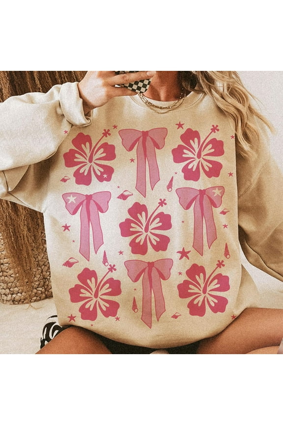 Summer Coquette Bow Sweatshirt, Aloha Girly Summer Pullover, Coastal Vibes Sweater, Trendy Hawaii Shirt, Tropical Beach Top