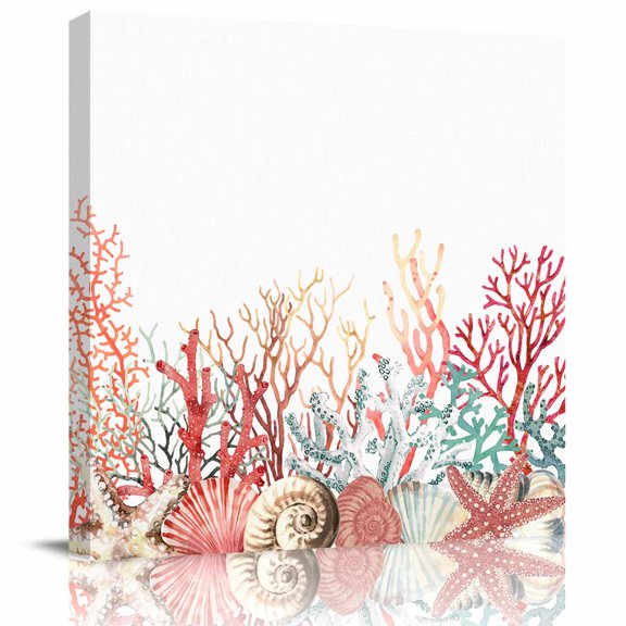 Summer Coral Canvas Print Wall Art Painting, Modern Wall Decor for Bedroom Living Room Giclee Artwork HD Picture Strenched and Framed Red Orange Grass Shell Starfish 8x8 inch