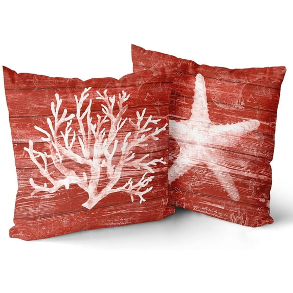 Summer Coral Decorative Throw Pillow Cover Set of 2,Nautical Orange Rust Plank Deck Square Pillows Cases 18 x 18, Coastal Starfish Ocean Cushion Covers for Couch Sofa Outdoor Indoor Room Decor