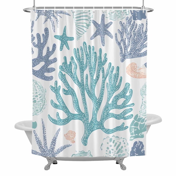 Summer Coral Ocean Bathroom Shower Curtain, Blue Purple Seashell Starfish Waterproof Washable Soft Bath Curtain for Bathtub Decor with 12 Hooks&Grommet, 60x72 Inch