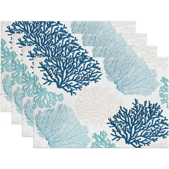 Summer Coral Placemats Set of 4 Blue Turquoises Ocean Coral Linen Table Place Mat Non-Slip Heat Resistant Nautical Sea Marine Place Mats for Home Kitchen Dining Table, 12"x18"