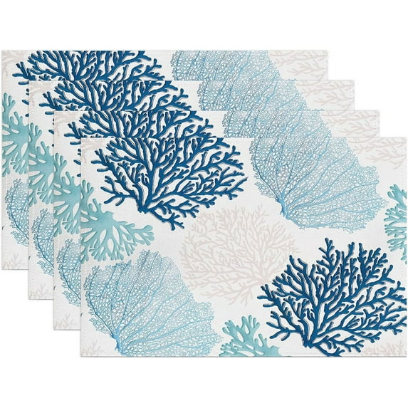 Summer Coral Placemats Set of 4 Blue Turquoises Ocean Coral Linen Table Place Mat Non-Slip Heat Resistant Nautical Sea Marine Place Mats for Home Kitchen Dining Table, 12"x18"