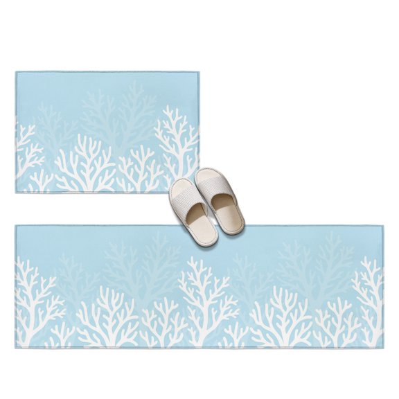 Summer Coral Reef 2 Pieces Non-Slip Kitchen Mat Set, Coastal Minimalist Blue White Deep Sea Flora Soft Door Mat with Rubber Backing, Dirtproof Rugs for Entrance Doorway, 19.7x31.5in+19.7x47.2in
