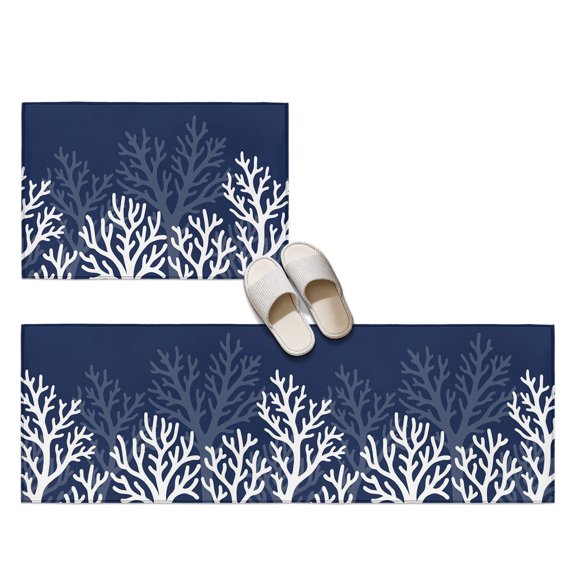 Summer Coral Reef 2 Pieces Non-Slip Kitchen Mat Set, Coastal Minimalist Dark Blue White Deep Sea Flora Soft Door Mat with Rubber Backing, Dirtproof Rugs for Entrance Doorway, 19.7x31.5in+19.7x47.2in