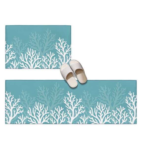 Summer Coral Reef 2 Pieces Non-Slip Kitchen Mat Set, Coastal Minimalist Teal White Deep Sea Flora Soft Door Mat with Rubber Backing, Dirtproof Rugs for Entrance Doorway, 23.6x35.4in+23.6x70.9in